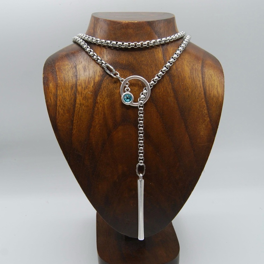 Elegant Silver Lariat Necklace: Stainless Steel Wrap w/Blue Crystal Accent (New)